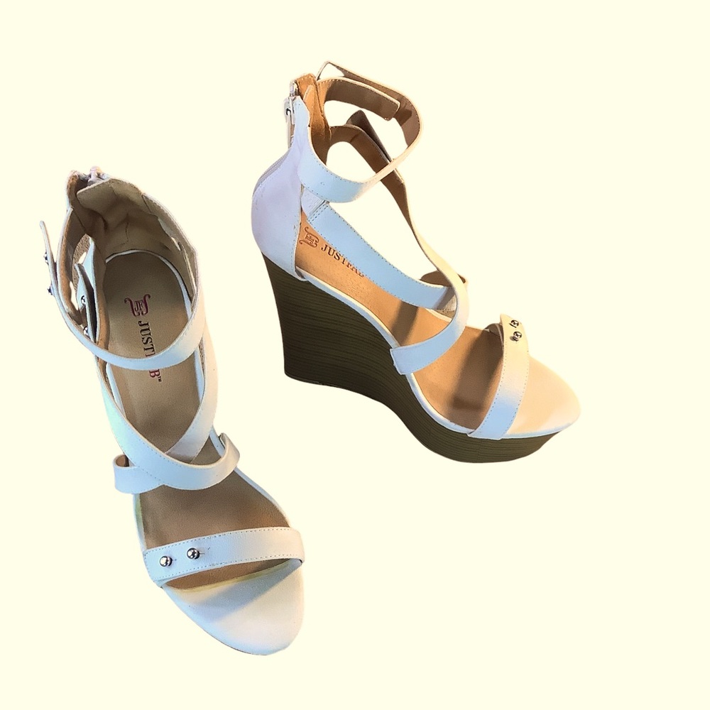 Just Fab | White Clarissa High Heeled Wood Wedge Sandals Women's Size 8.5